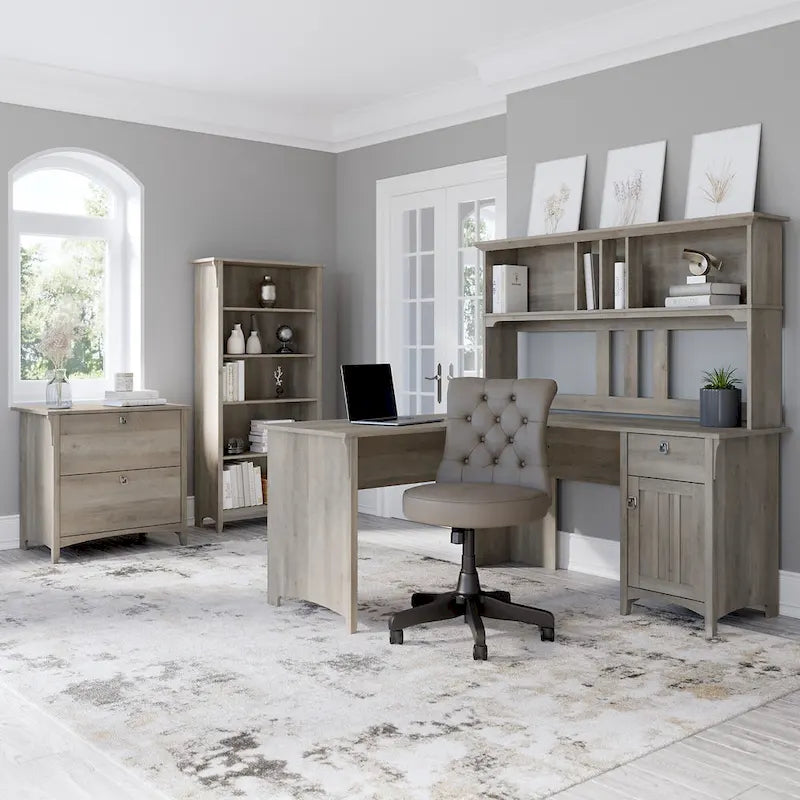 Set da scrivania rustico per ufficio domestico con alzata, schedario, libreria e sedia girevole imbottita, combinazione per postazione di lavoro