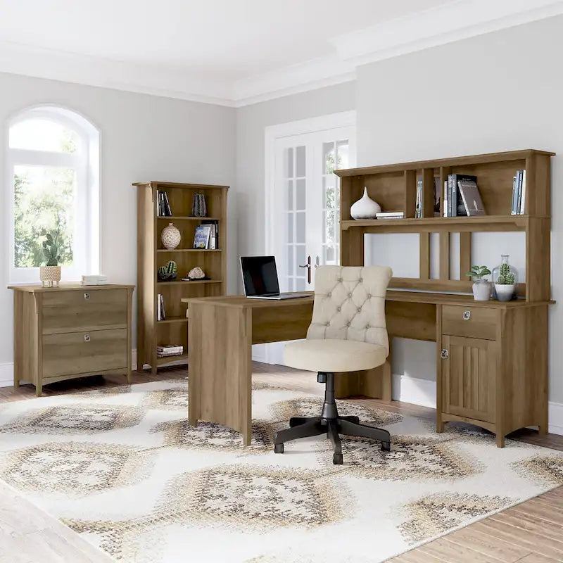 Set da scrivania rustico per ufficio domestico con alzata, schedario, libreria e sedia girevole imbottita, combinazione per postazione di lavoro