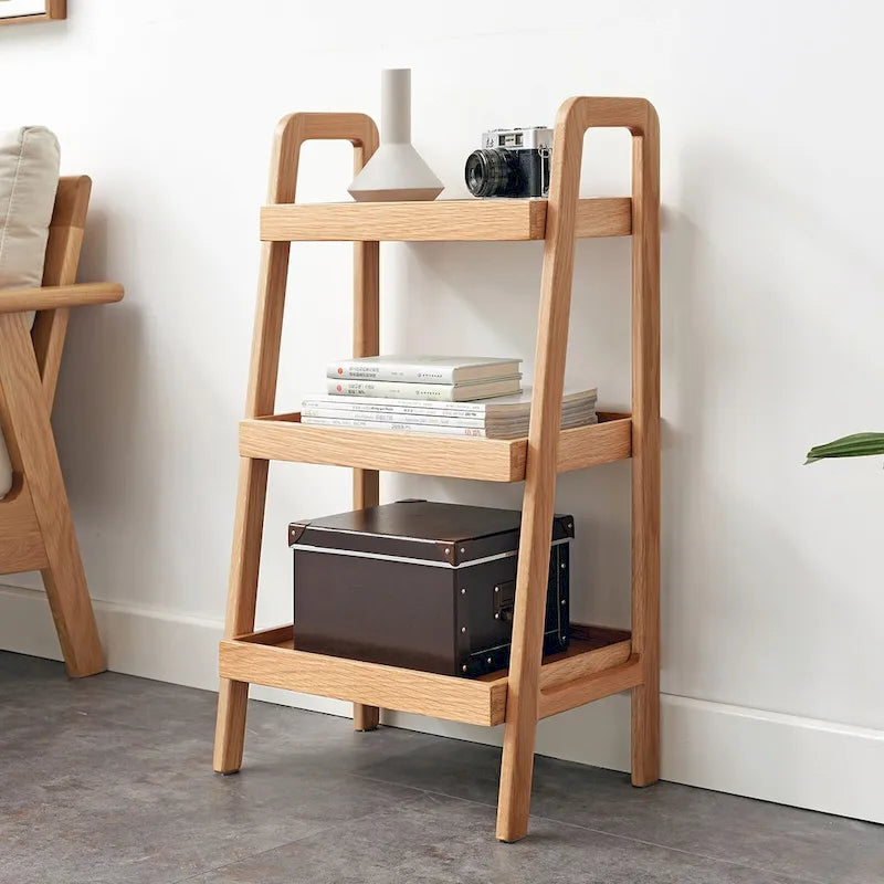 Natural Oak 3-Tier Ladder Shelf, Open Display Bookcase Storage Rack for Living Room