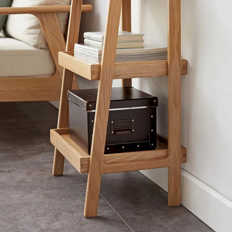 Natural Oak 3-Tier Ladder Shelf, Open Display Bookcase Storage Rack for Living Room