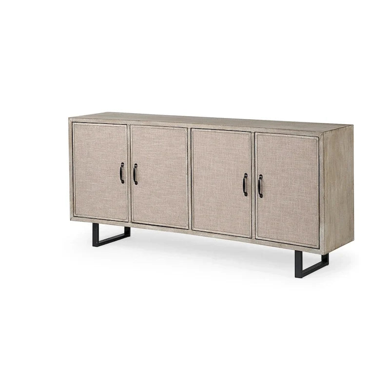 Credenza con struttura in legno di abete impiallacciato marrone e ante rivestite in tessuto - 68.0L x 15.5W x 31.5H