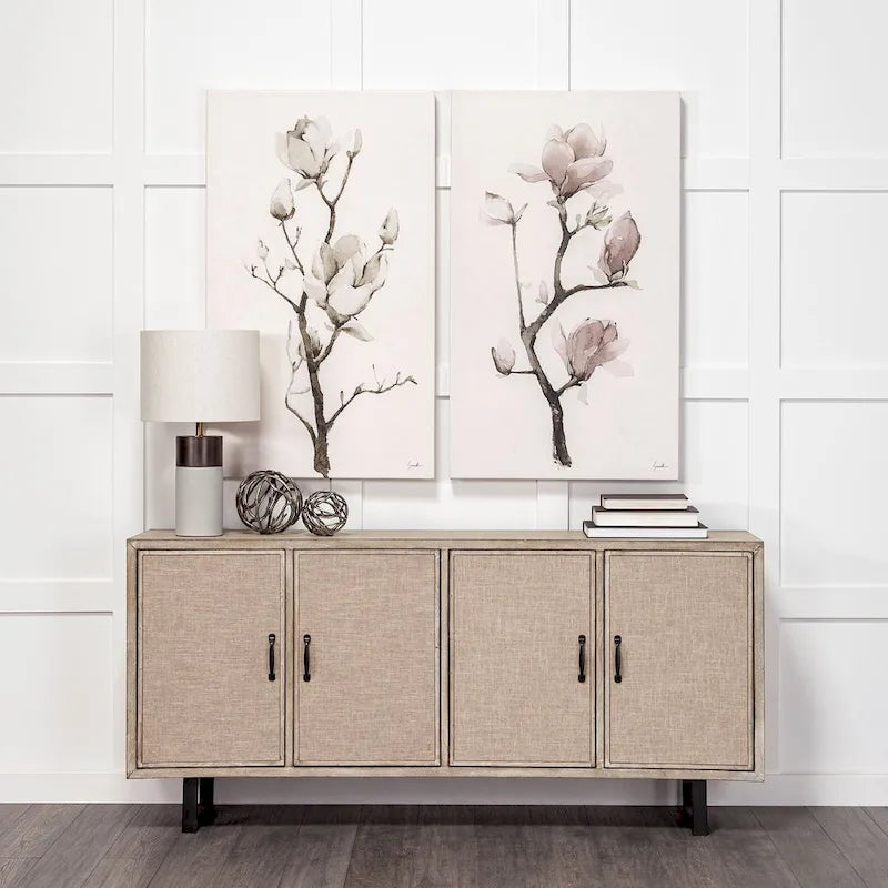 Credenza con struttura in legno di abete impiallacciato marrone e ante rivestite in tessuto - 68.0L x 15.5W x 31.5H