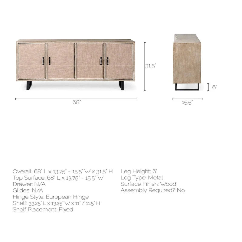Brown Fir Veneer Frame w/ Fabric Covered Cabinet Doors Sideboard - 68.0L x 15.5W x 31.5H