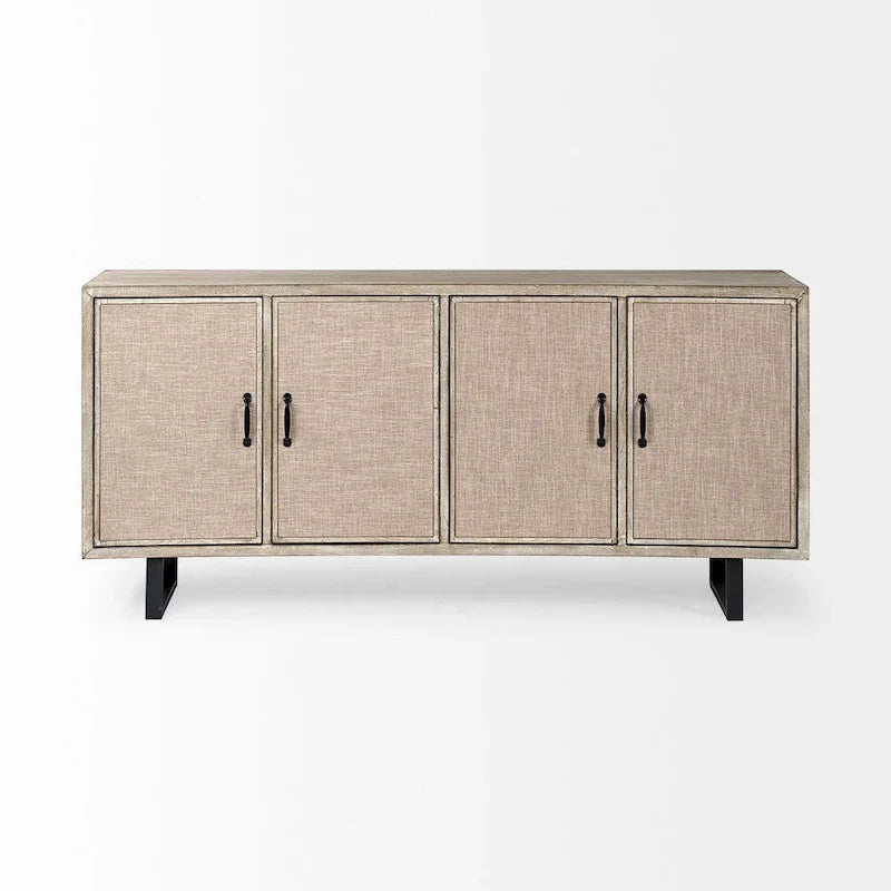 Brown Fir Veneer Frame w/ Fabric Covered Cabinet Doors Sideboard - 68.0L x 15.5W x 31.5H