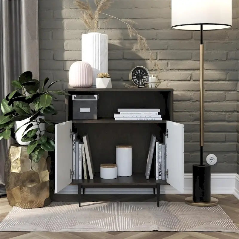 Mobiletto decorativo con motivo esagonale e 2 ante, credenza contenitore in legno per ingresso e soggiorno