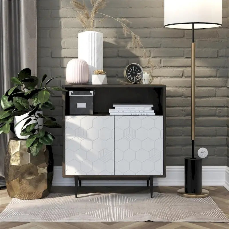 Mobiletto decorativo con motivo esagonale e 2 ante, credenza contenitore in legno per ingresso e soggiorno