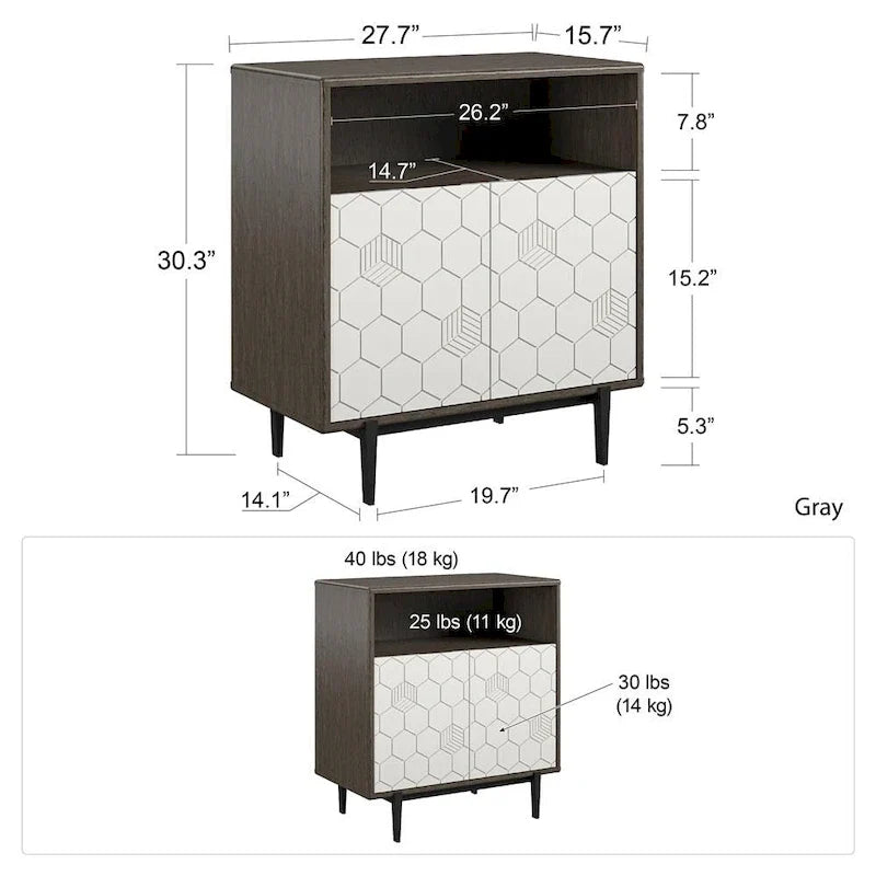Mobiletto decorativo con motivo esagonale e 2 ante, credenza contenitore in legno per ingresso e soggiorno