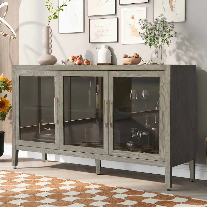 Wooden Storage Cabinet with 3 Tempered Glass Doors and Adjustable Shelf and Legs - 58.2L15.7W33.9H