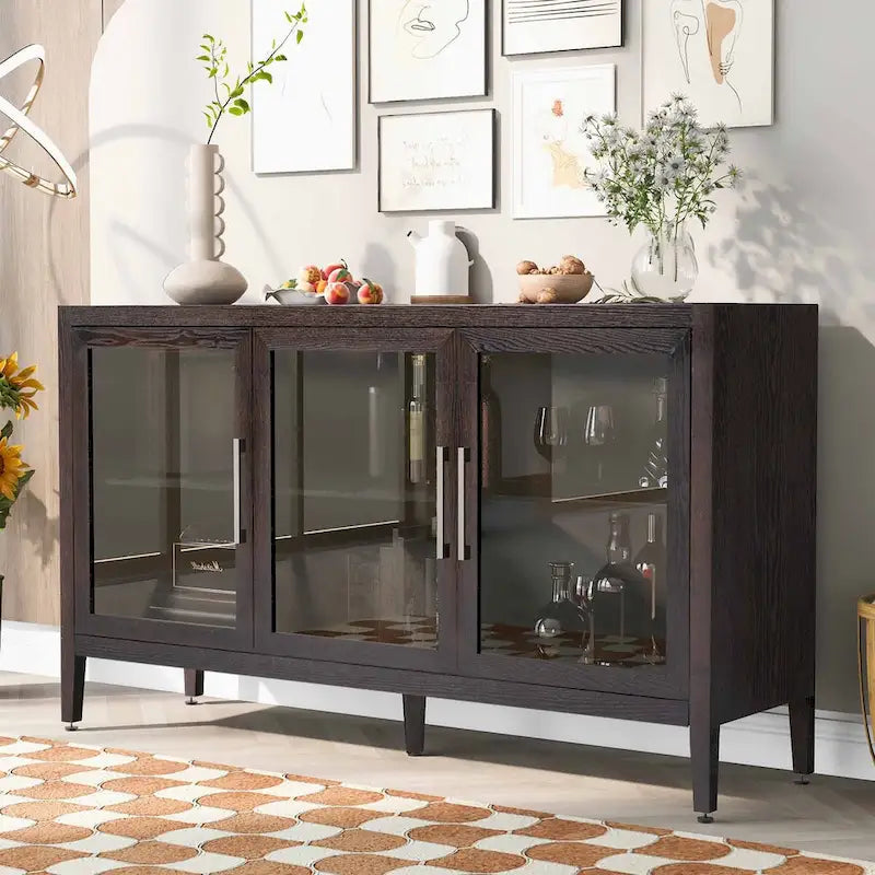 Mobile contenitore in legno con 3 ante in vetro temperato, ripiano regolabile e gambe