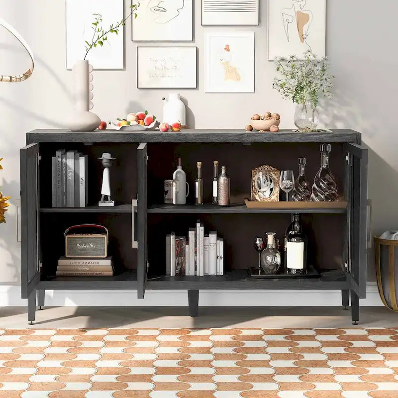 Mobile contenitore in legno con 3 ante in vetro temperato, ripiano regolabile e gambe
