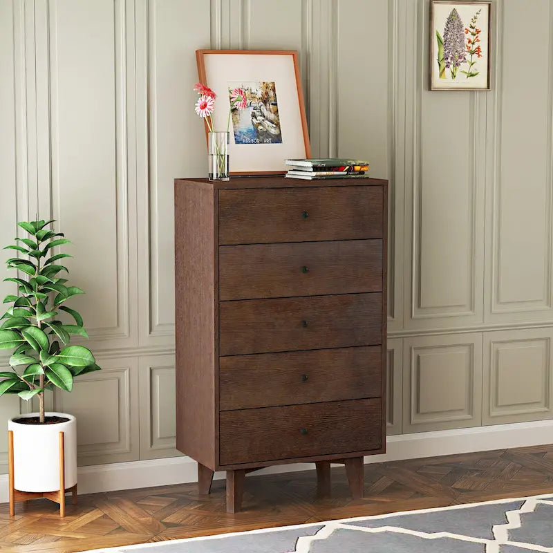 Komoda z 5 szufladami, drewniana w stylu mid-century do sypialni