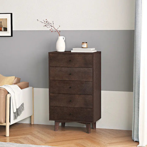 5 Drawer Dresser Chest, Mid-Century Wooden Storage Chest of Drawers for Bedroom