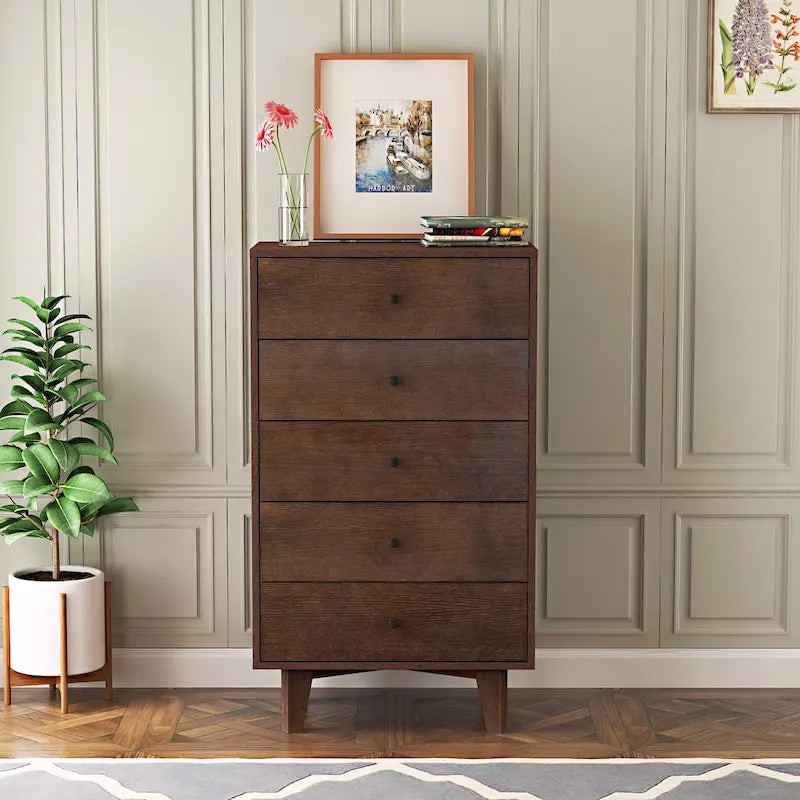 Cassettiera a 5 cassetti in legno stile metà secolo per la camera da letto