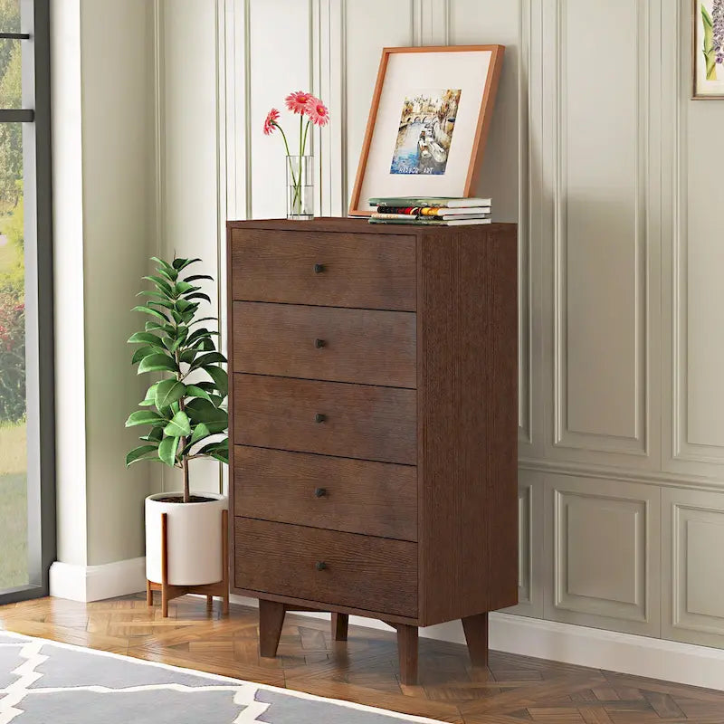 Cassettiera a 5 cassetti in legno stile metà secolo per la camera da letto