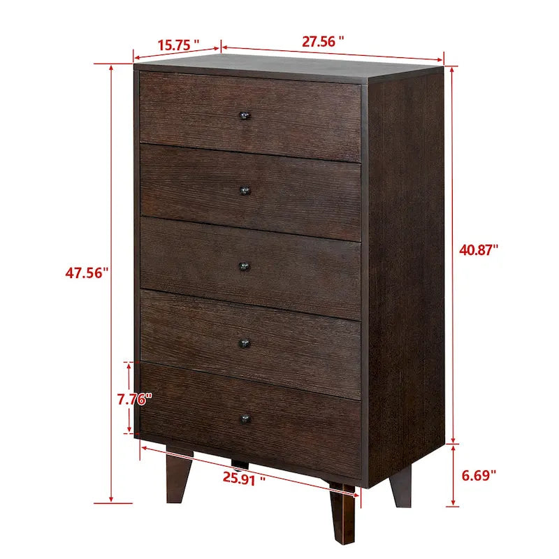 Cassettiera a 5 cassetti in legno stile metà secolo per la camera da letto