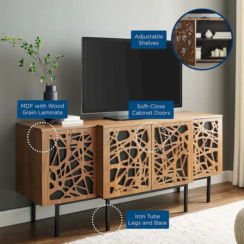 Mobile TV in legno con ante traforate, mobile multimediale moderno per soggiorno