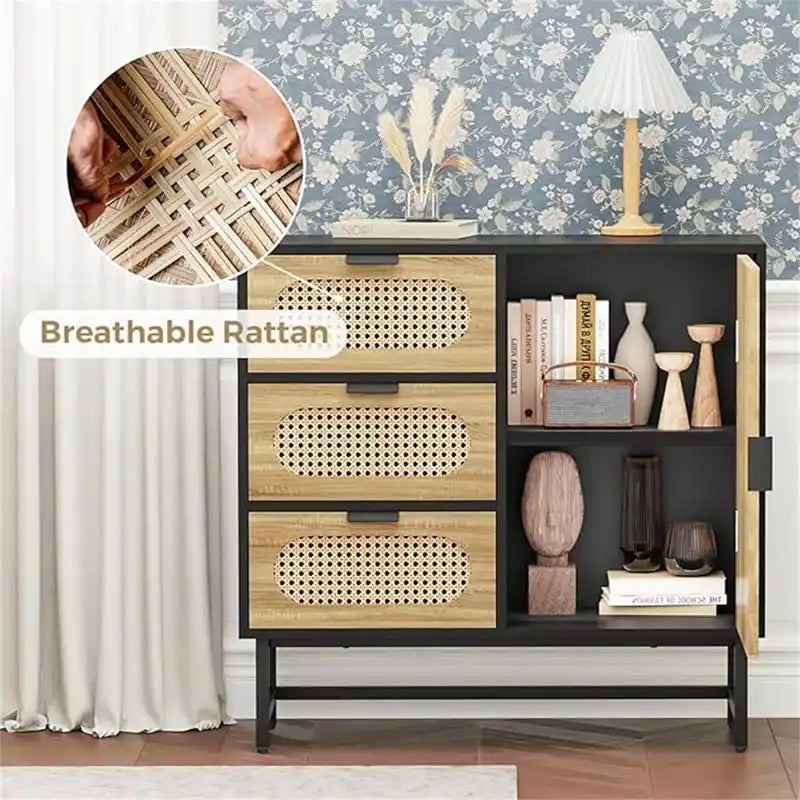 Rattan Storage Cabinet with 3 Drawers and 1 Door, Wood Accent Cabinet for Living Room