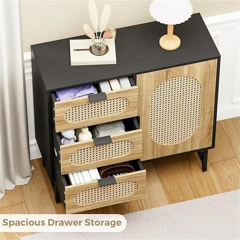 Rattan Storage Cabinet with 3 Drawers and 1 Door, Wood Accent Cabinet for Living Room