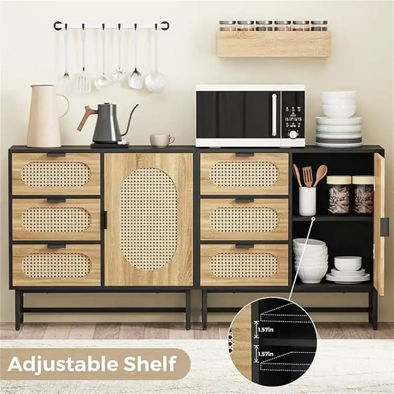 Rattan Storage Cabinet with 3 Drawers and 1 Door, Wood Accent Cabinet for Living Room