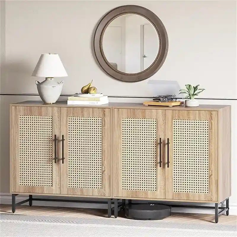 Rattan Storage Cabinet with 3 Drawers and 1 Door, Wood Accent Cabinet for Living Room