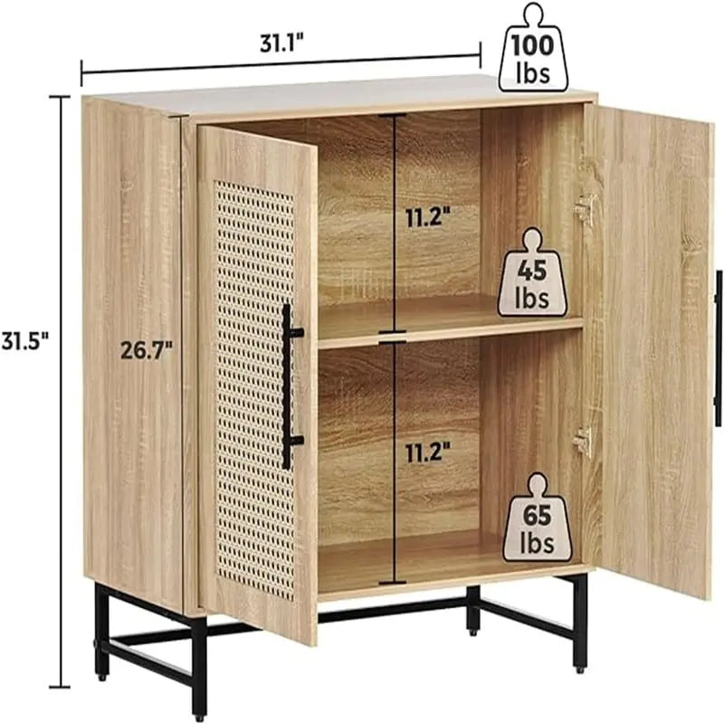 Rattan Storage Cabinet with 3 Drawers and 1 Door, Wood Accent Cabinet for Living Room