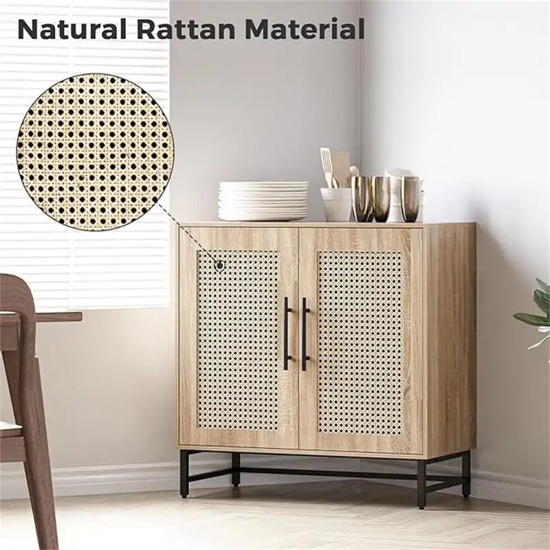 Rattan Storage Cabinet with 3 Drawers and 1 Door, Wood Accent Cabinet for Living Room