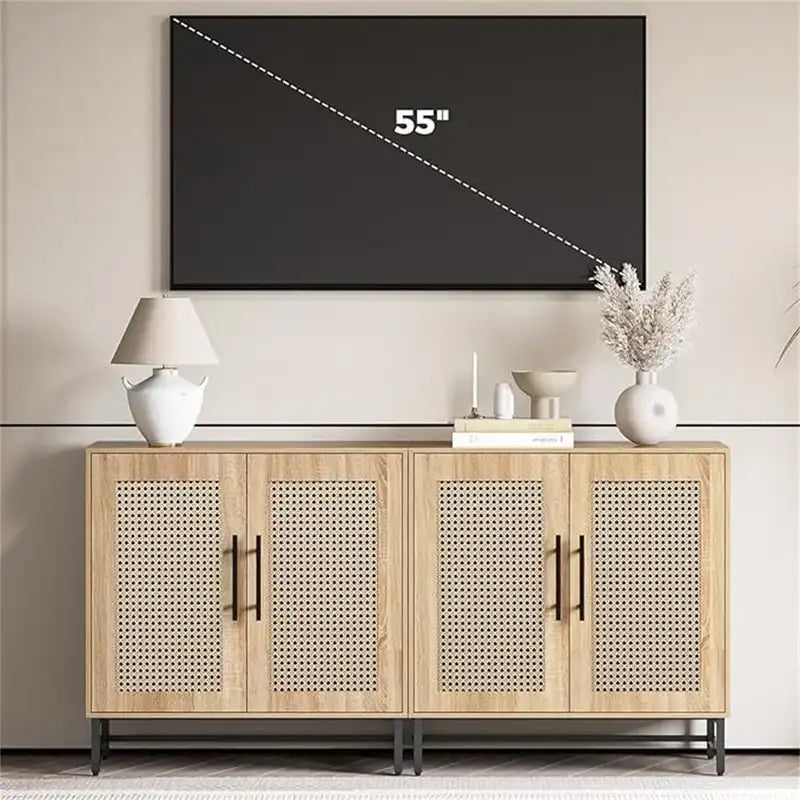 Rattan Storage Cabinet with 3 Drawers and 1 Door, Wood Accent Cabinet for Living Room