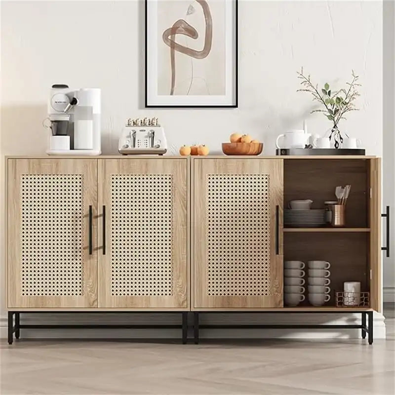 Rattan Storage Cabinet with 3 Drawers and 1 Door, Wood Accent Cabinet for Living Room