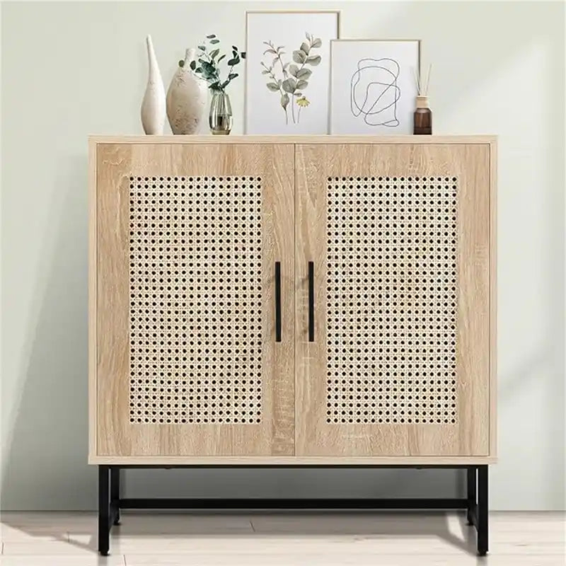 Rattan Storage Cabinet with 3 Drawers and 1 Door, Wood Accent Cabinet for Living Room