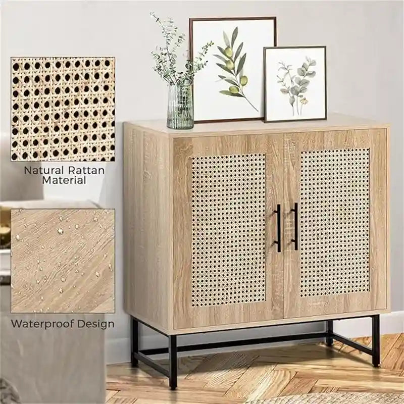 Rattan Storage Cabinet with 3 Drawers and 1 Door, Wood Accent Cabinet for Living Room