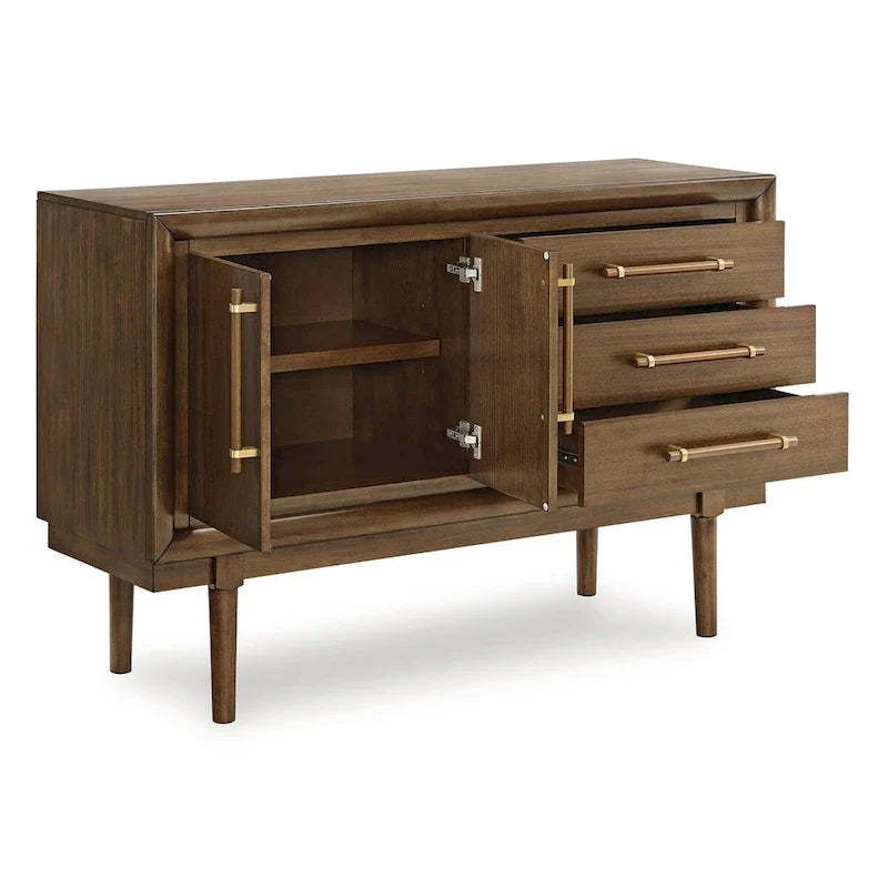Mid-Century Wood Sideboard Buffet Cabinet, 2 Doors 3 Drawers Storage Credenza with Gold Metal Handles