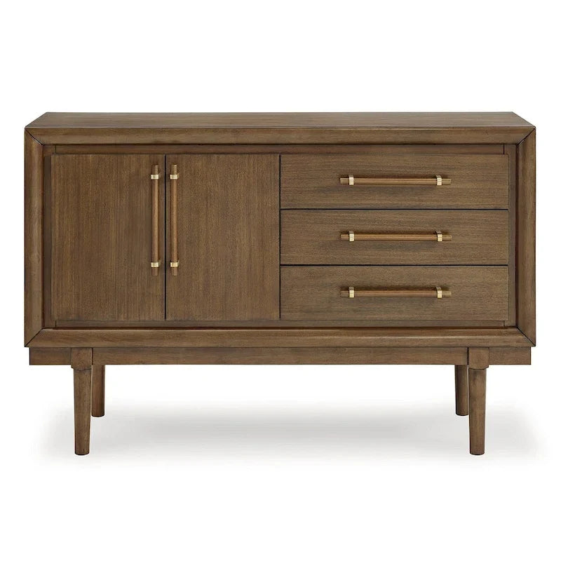 Credenza buffet in legno stile metà secolo, mobile contenitore con 2 ante e 3 cassetti, maniglie in metallo dorato