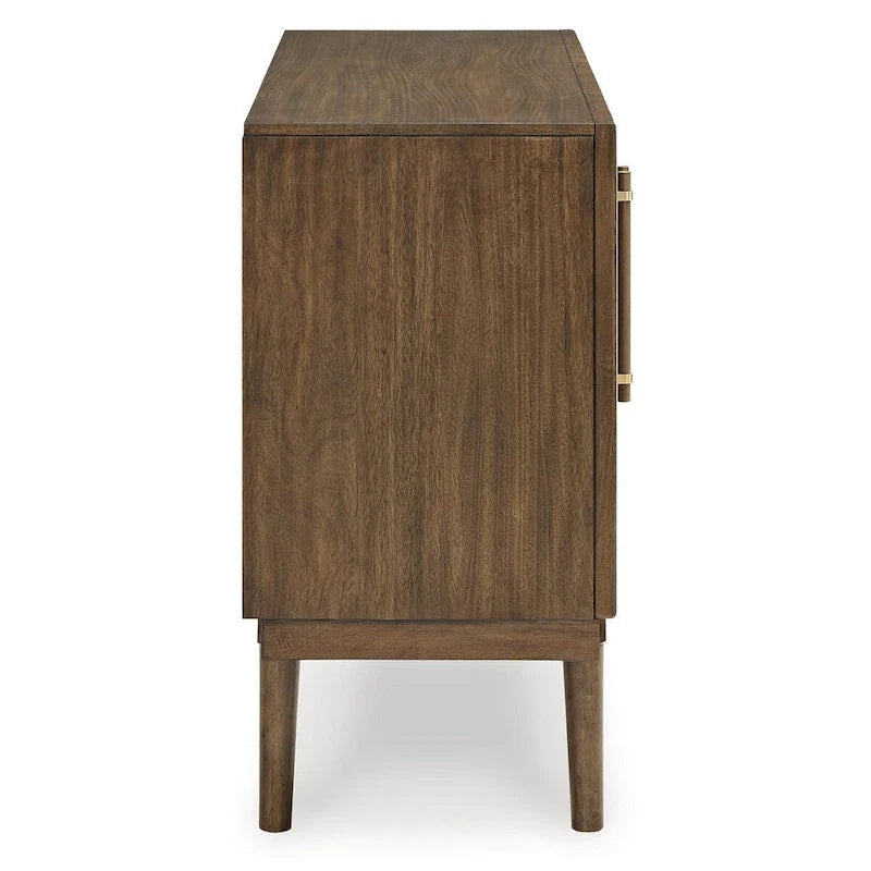 Credenza buffet in legno stile metà secolo, mobile contenitore con 2 ante e 3 cassetti, maniglie in metallo dorato