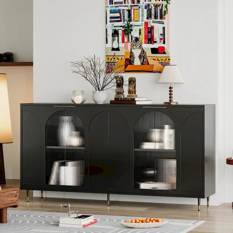 Wooden Cabinet with 4 Glass Doors Sideboard Buffet Server Cabinet