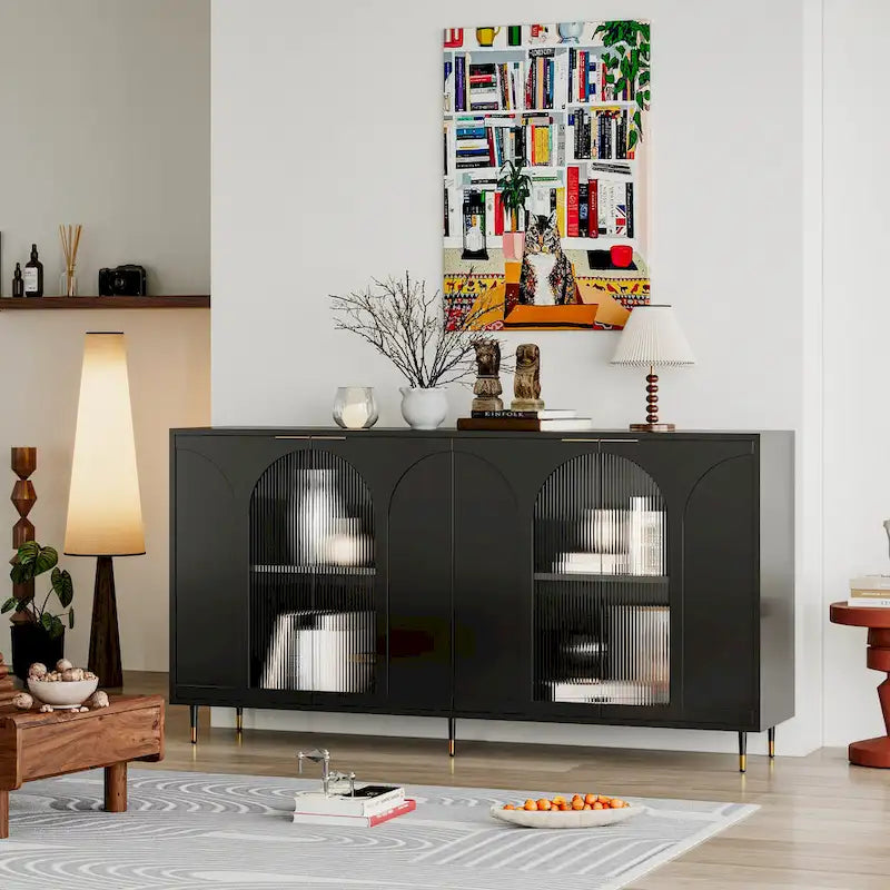Wooden Cabinet with 4 Glass Doors Sideboard Buffet Server Cabinet