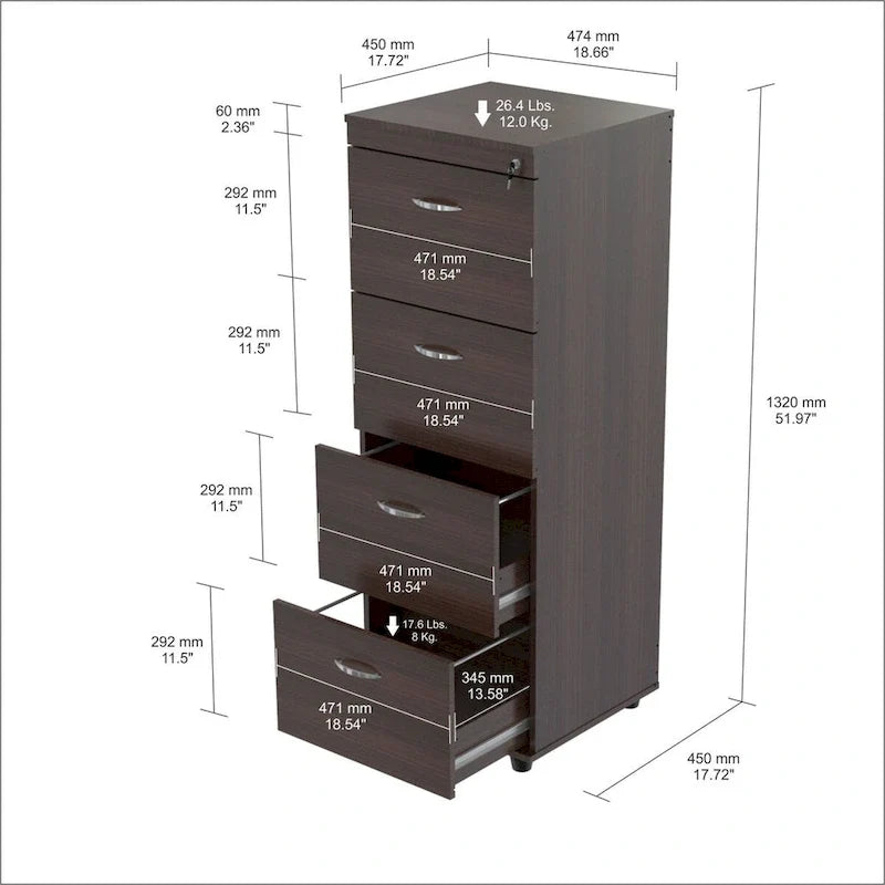 Schedario in melaminico color espresso e legno ingegnerizzato da 52 con 4 cassetti