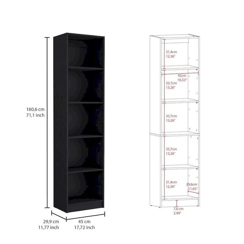 Bookcase with 5-Tier Shelves and Slim Design -Black -Office