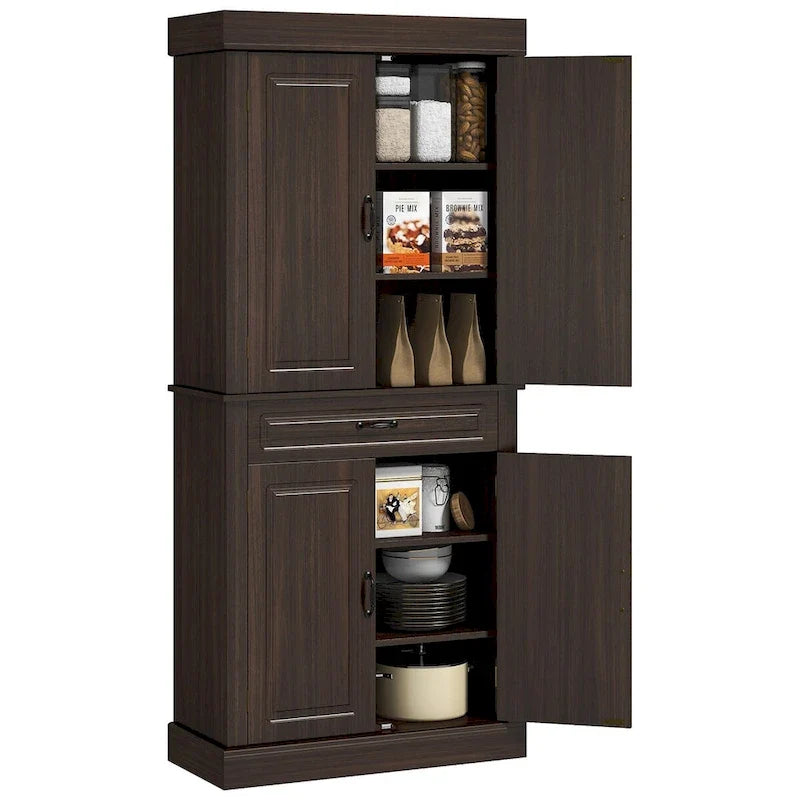 71 Freestanding Kitchen Pantry with 4 Doors and 2 Large Cabinets, Tall Storage Cabinet with Wide Drawer for Dining Room, Coffee