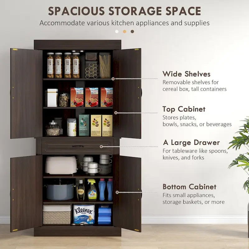 Dispensa da cucina indipendente da 71 con 4 ante e 2 ampi armadietti, mobile contenitore alto con cassetto largo per sala da pranzo, caffè