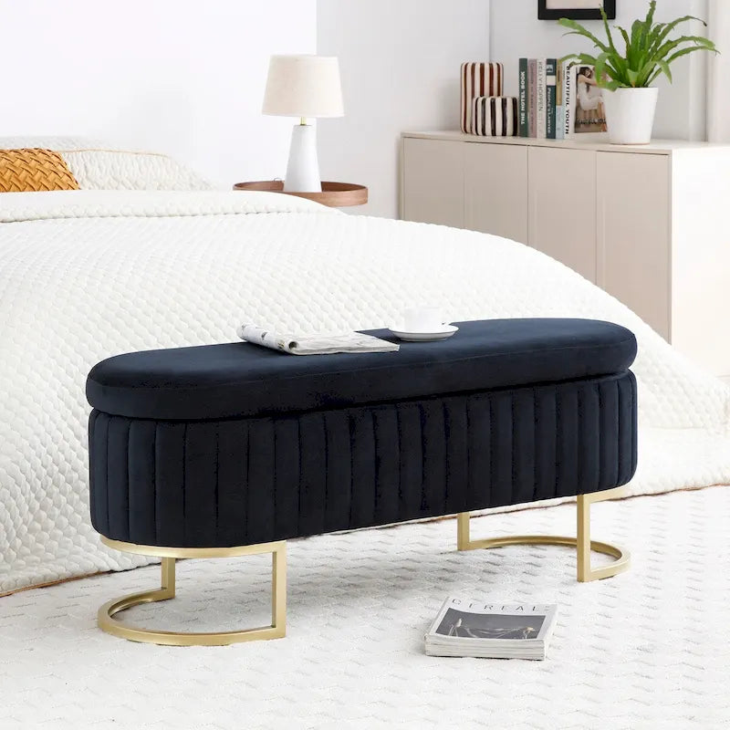 Panca contenitore, panca per camera da letto, panca ovale imbottita in velluto da fondoletto con gambe in metallo dorato, pouf contenitore da 50