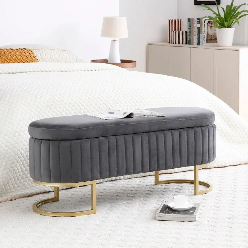 Panca contenitore, panca per camera da letto, panca ovale imbottita in velluto da fondoletto con gambe in metallo dorato, pouf contenitore da 50