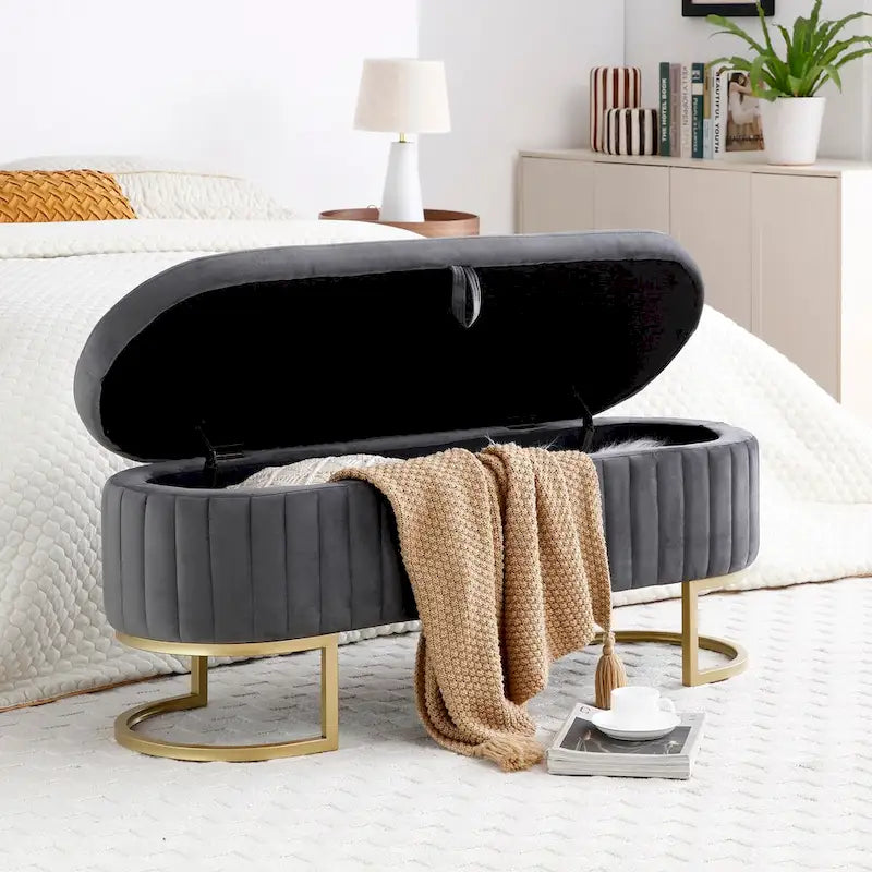 Panca contenitore, panca per camera da letto, panca ovale imbottita in velluto da fondoletto con gambe in metallo dorato, pouf contenitore da 50