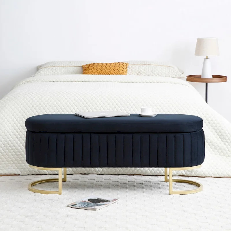 Panca contenitore, panca per camera da letto, panca ovale imbottita in velluto da fondoletto con gambe in metallo dorato, pouf contenitore da 50