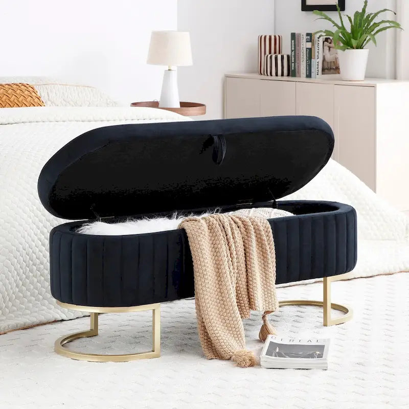 Panca contenitore, panca per camera da letto, panca ovale imbottita in velluto da fondoletto con gambe in metallo dorato, pouf contenitore da 50