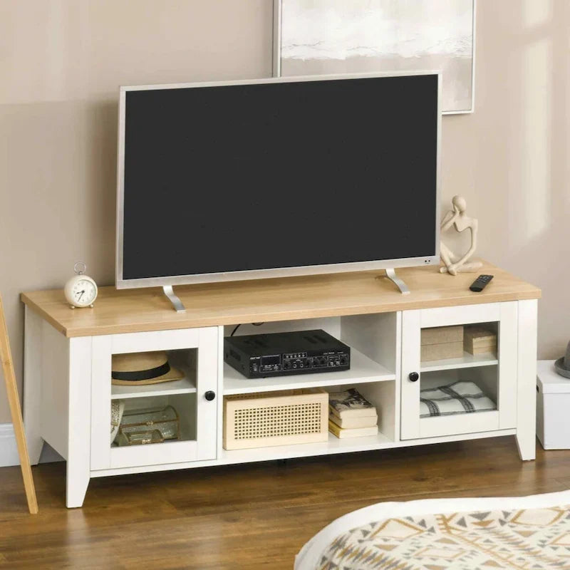 Modern TV Stand, Entertainment Center with Shelves and Cabinets for Flatscreen TVs up to 60 for Bedroom, Living Room, White