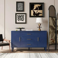 Navy Blue Sideboard Buffet Cabinet with Geometric Texture, Gold Handle Storage Credenza