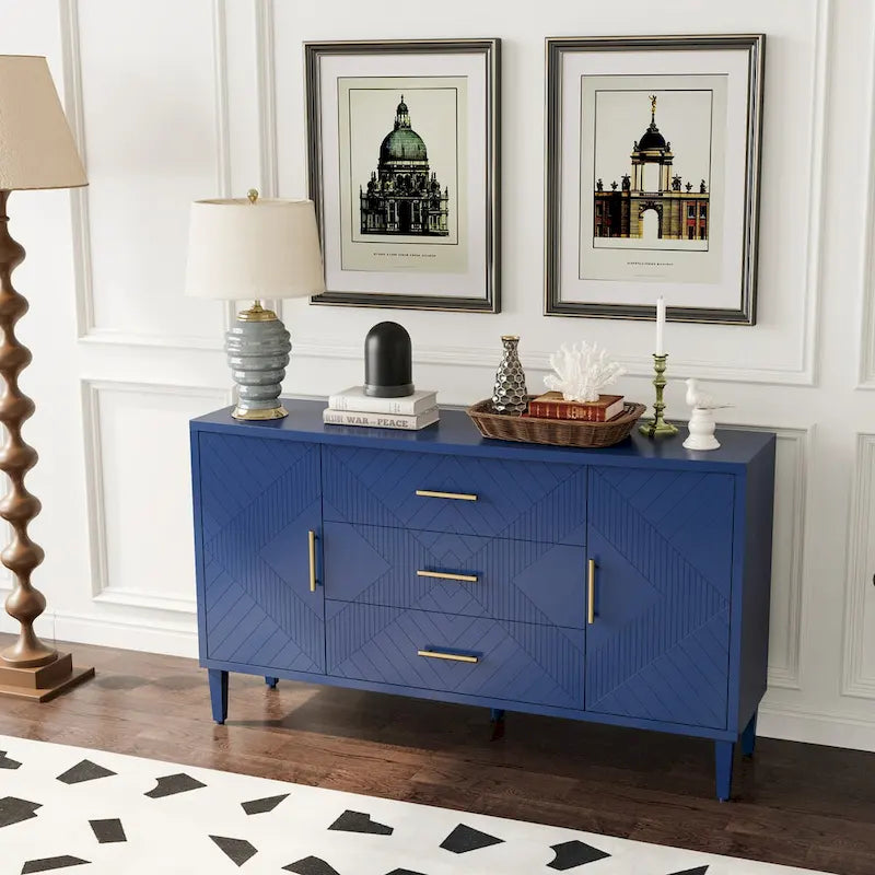 Navy Blue Sideboard Buffet Cabinet with Geometric Texture, Gold Handle Storage Credenza