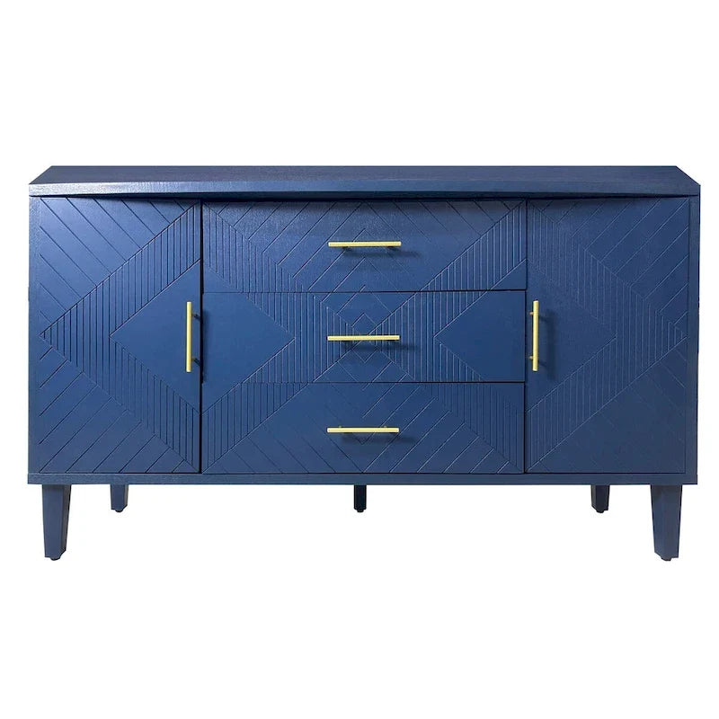 Navy Blue Sideboard Buffet Cabinet with Geometric Texture, Gold Handle Storage Credenza