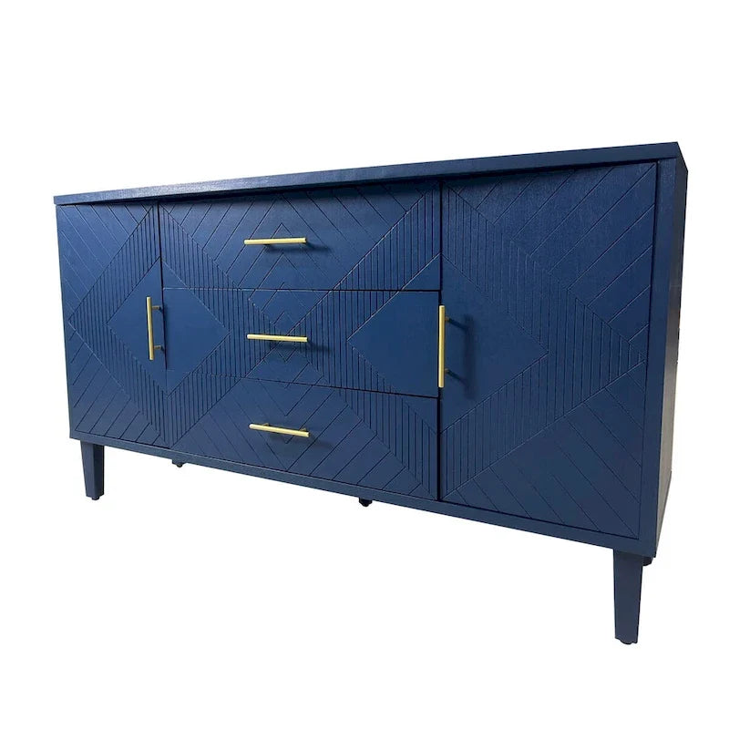 Credenza buffet blu navy con texture geometrica, mobile contenitore con maniglie dorate