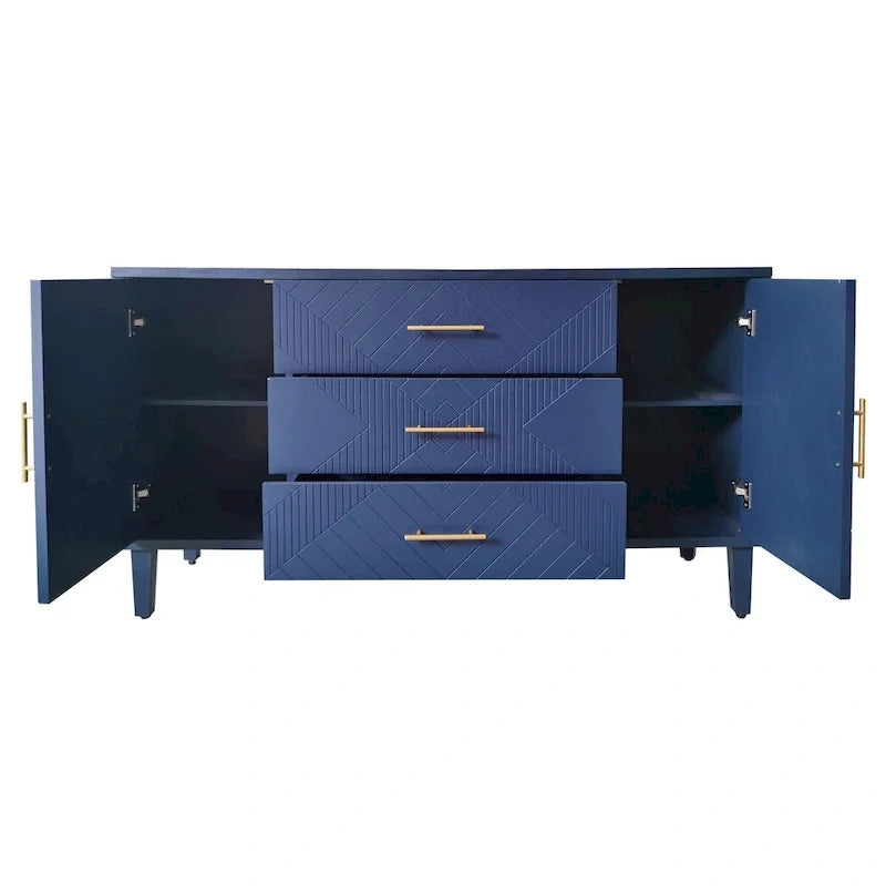 Navy Blue Sideboard Buffet Cabinet with Geometric Texture, Gold Handle Storage Credenza